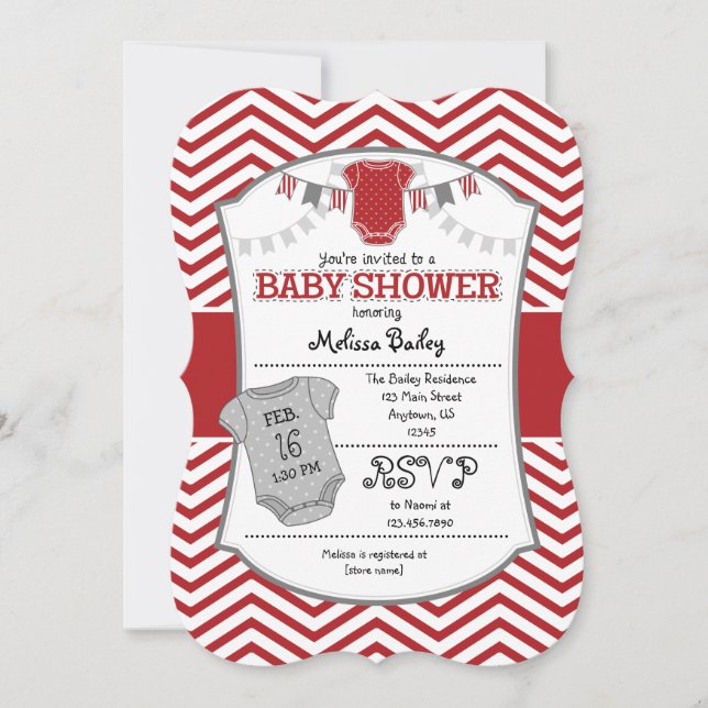 Red Grey Chevron Baby Shower Invitation (Front)