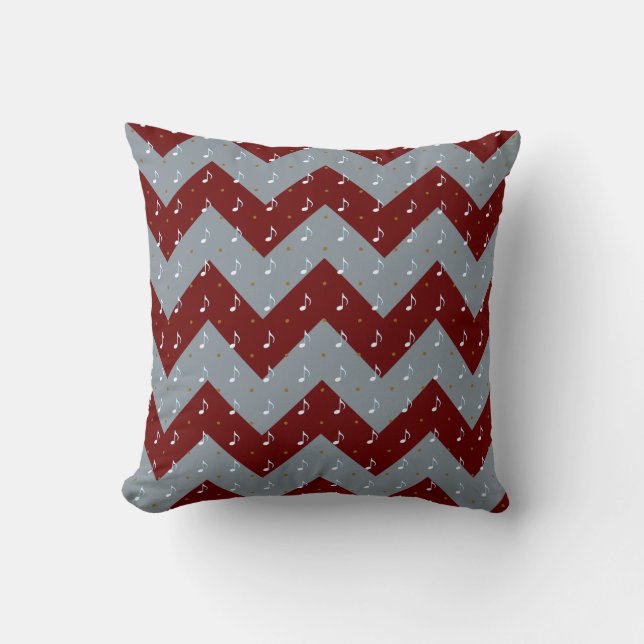 red & grey chevron/musical notes pattern cushion (Front)