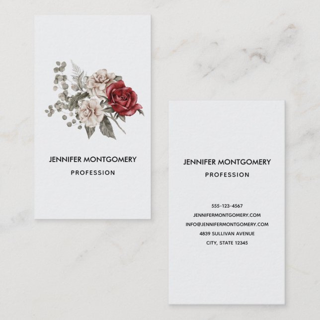 Red Grey & Cream Boho Flower Bouquet Business Card (Front/Back)