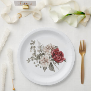 Red Grey & Cream Boho Flower Bouquet Paper Plate