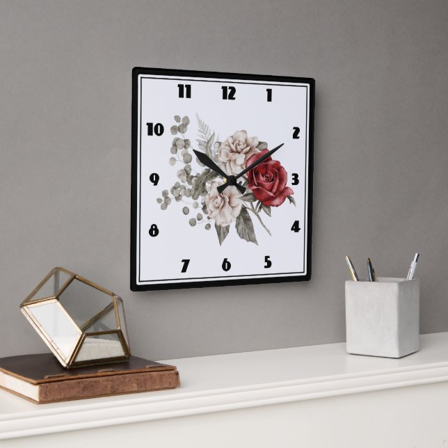 Red Grey & Cream Boho Flower Bouquet Square Wall Clock (Office)
