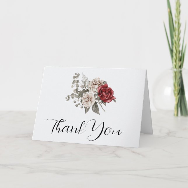 Red Grey & Cream Boho Flower Bouquet Thank You Card (Front)