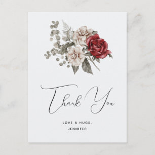 Red Grey & Cream Boho Flower Bouquet Thank You Postcard