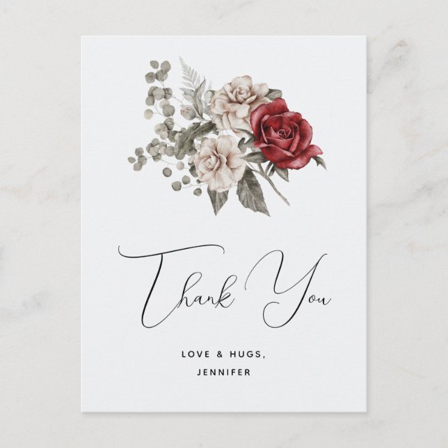 Red Grey & Cream Boho Flower Bouquet Thank You Postcard (Front)