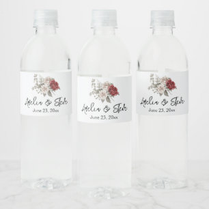 Red Grey & Cream Boho Flower Bouquet Wedding Water Bottle Label