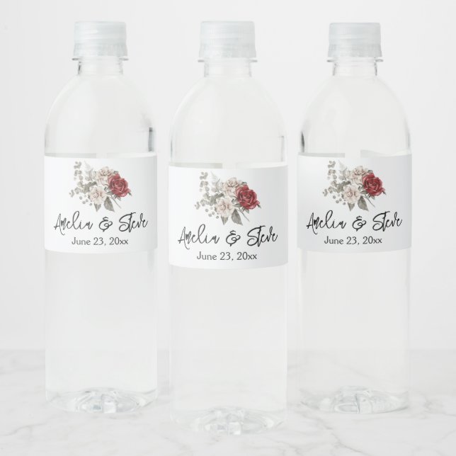 Red Grey & Cream Boho Flower Bouquet Wedding Water Bottle Label (Bottles)
