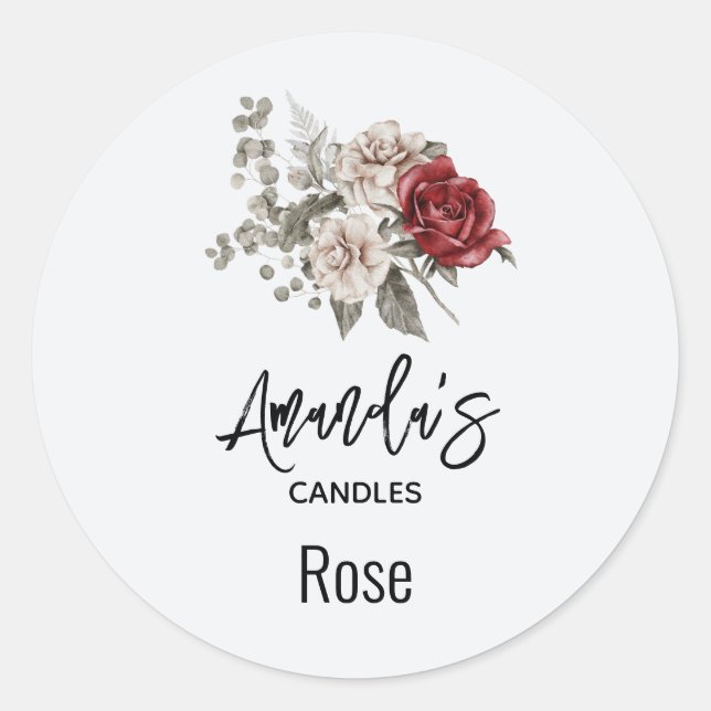  Red Grey & Cream Boho Flowers Candle Biz Classic Round Sticker (Front)