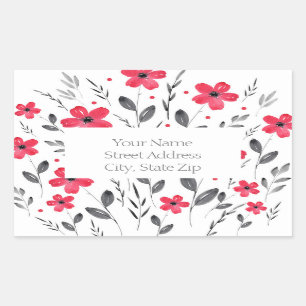 Red, Grey Five Petal Watercolor Flower Motif Rectangular Sticker
