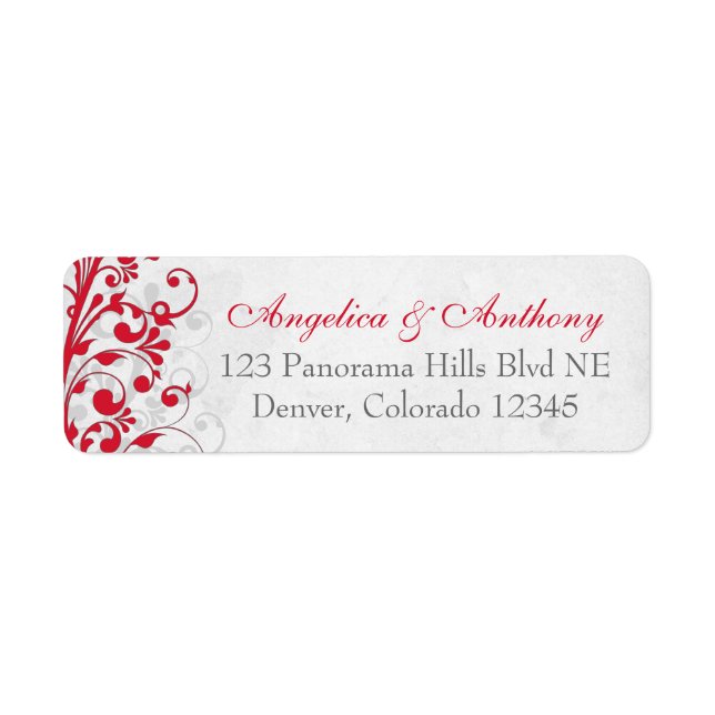 Red Grey Floral Mini Wedding Return Address Labels (Front)