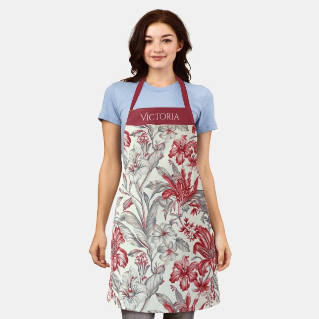 Red & Grey Floral Toile Shabby Chic Personalised Apron (Worn)