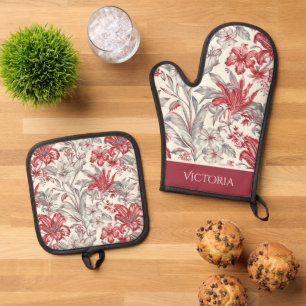 Red & Grey Floral Toile Shabby Chic Personalised Oven Mitt & Pot Holder Set