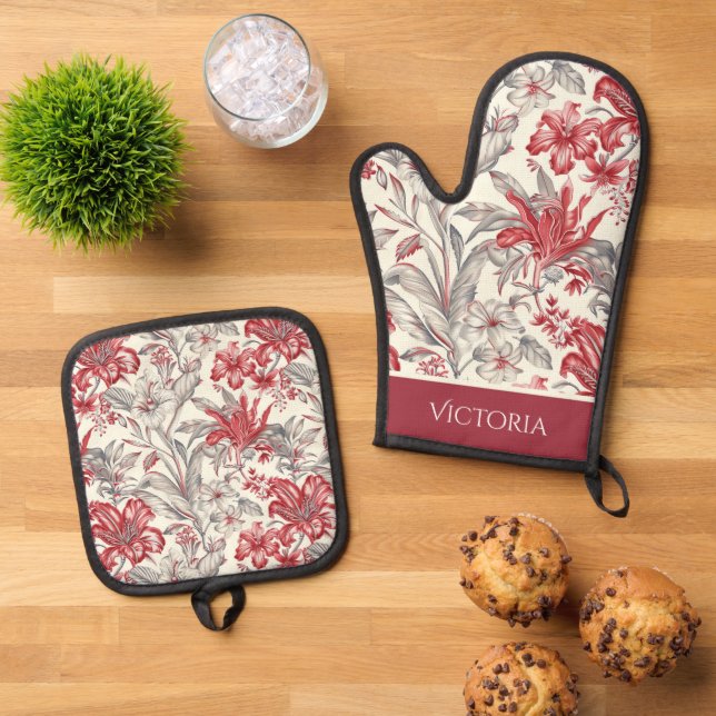 Red & Grey Floral Toile Shabby Chic Personalised Oven Mitt & Pot Holder Set (Top Down)