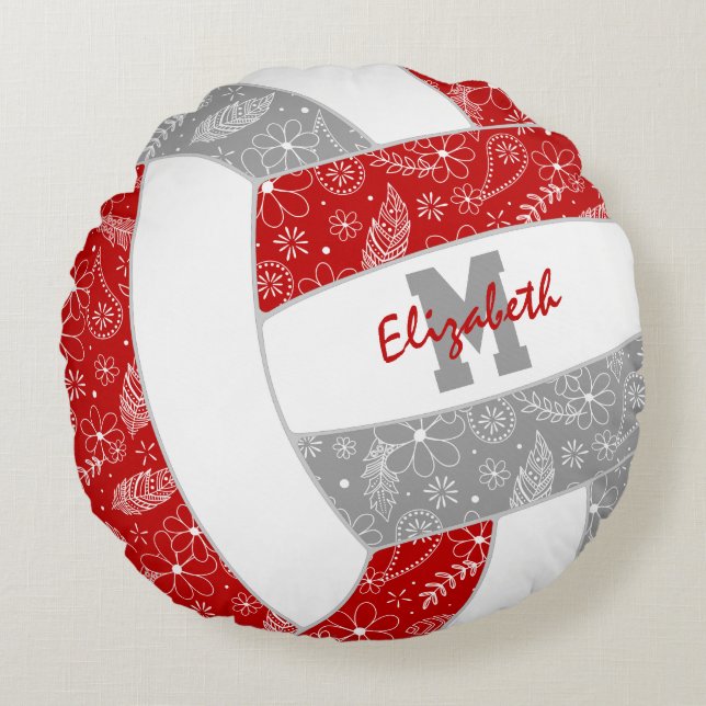red grey girls boho feathers pattern volleyball  round cushion (Front)