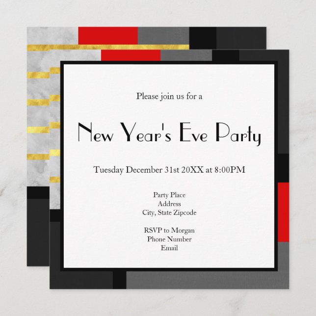 Red Grey Gold Black Colour Block Invitation (Front/Back)