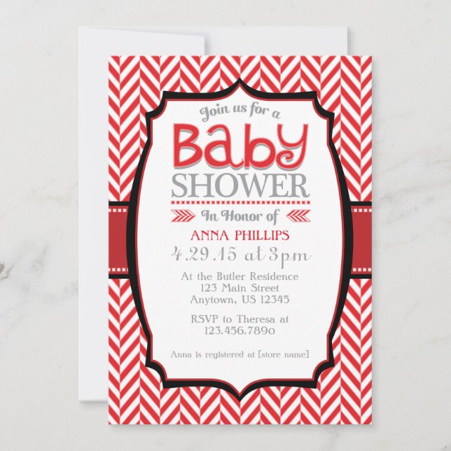 Red Grey Herringbone Baby Shower Invitations (Front)