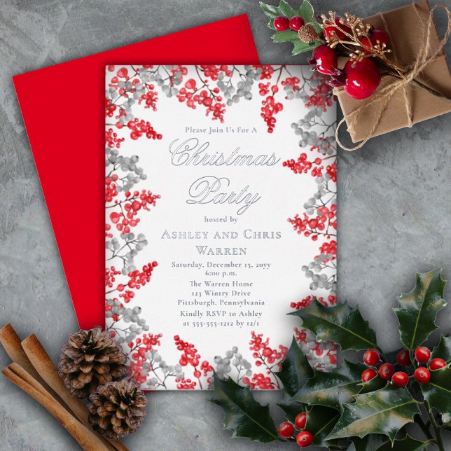 Red | Grey Holly Berries Floral Christmas Party (Creator Uploaded)