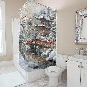 Red Grey Japanese Pagoda Soribashi Winter Shower Curtain