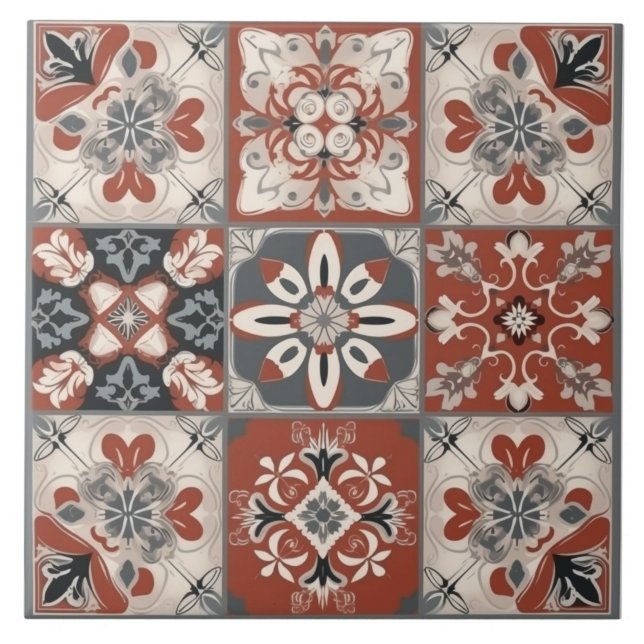 Red & Grey Mediterranean Ceramic Tile (One ceramic tile printed with nine small motifs. Tiles sold individually.)