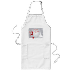 Red Grey Merry Christmas Deer, Snowflakes Apron