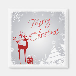 Red Grey Merry Christmas Deer, Snowflakes Magnet