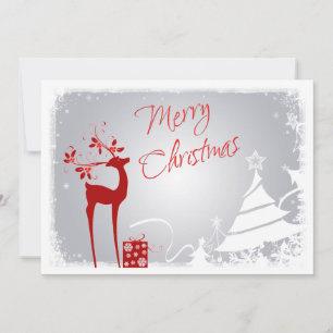 Red, Grey Merry Christmas Trees & Deer Photo Card