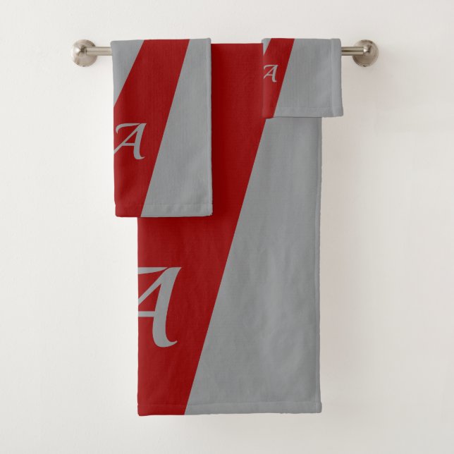 Red grey modern elegant chic bold monogrammed bath towel set (Insitu)