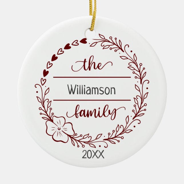 Red Grey Monogram Family Name Floral Wreath  Ceramic Tree Decoration (Front)