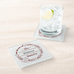 Red Grey Monogram Family Name Floral Wreath Glass Coaster
