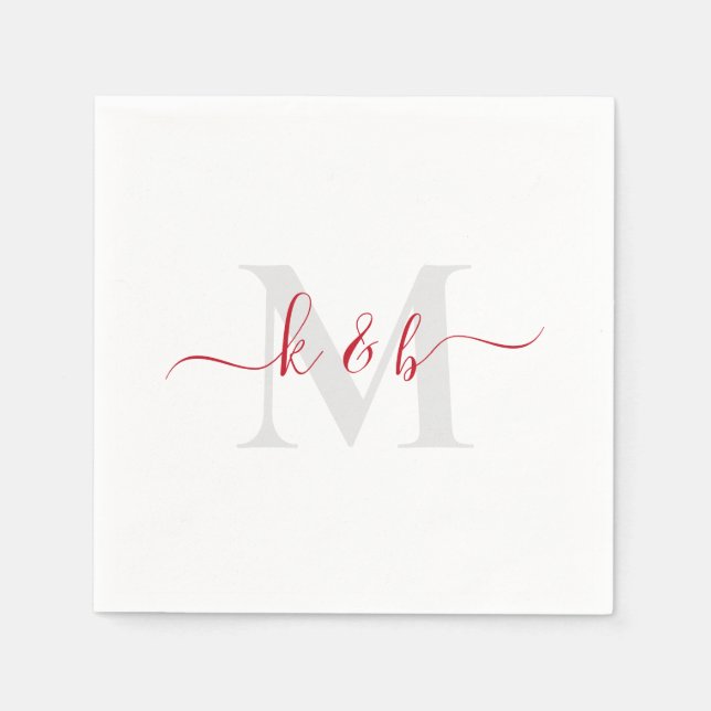 Red & Grey Monogram Swash Script White Cocktail  Napkin (Front)