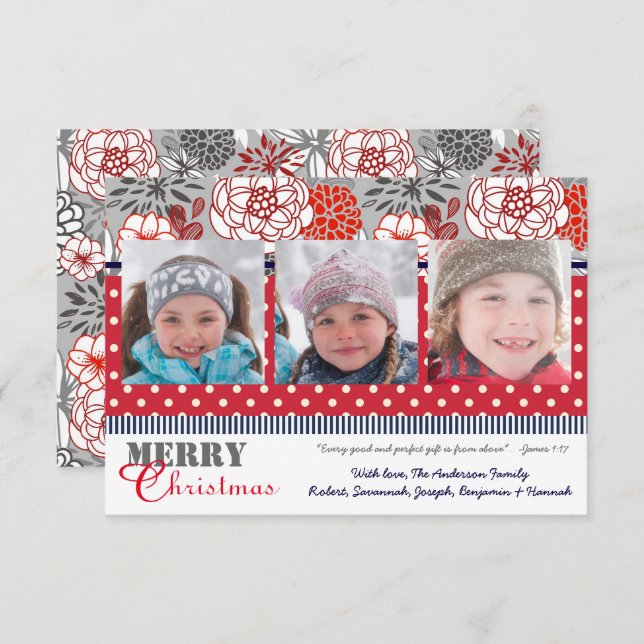 Red, Grey, Navy Flowers 3 Photos-3x5Christmas Card (Front/Back)