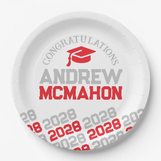 Red & Grey on White Half Repeat Grad Personalised Paper Plate (Front)