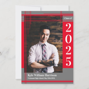 Red Grey School Colour Graduation Photo Plaid Invitation
