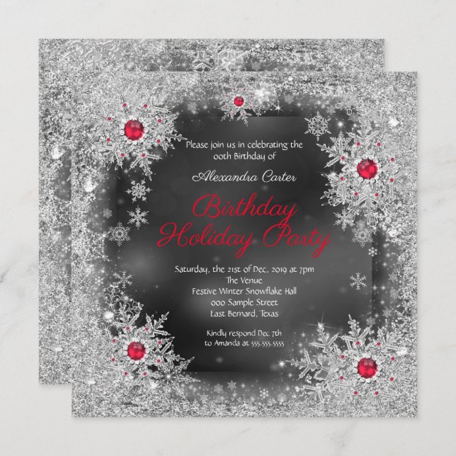 Red grey silver snowflake holiday birthday party invitation (Front/Back)
