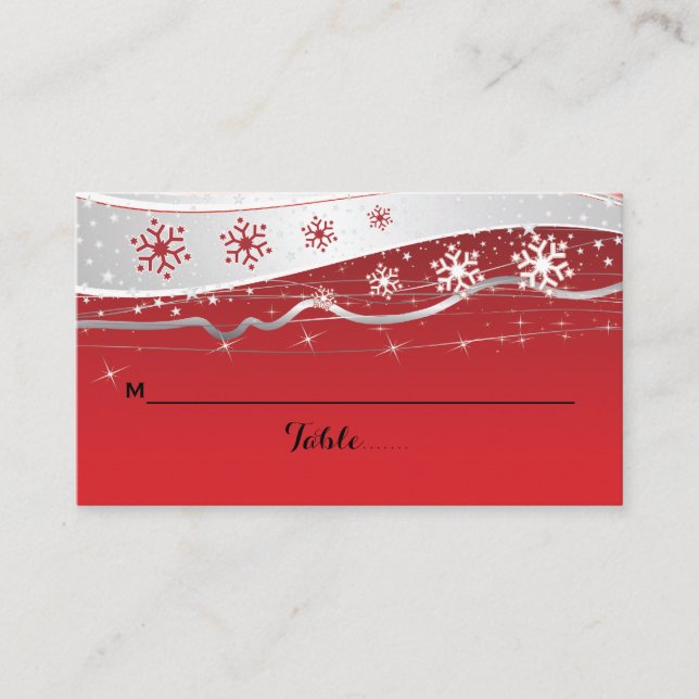 Red, grey snowflake wedding place card (Front)