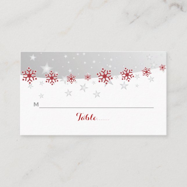 Red, grey snowflake wedding place card (Front)