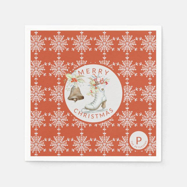 Red Grey Snowflakes Christmas Ice Skate Monogram Napkin (Front)