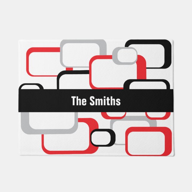 Red Grey Square Pattern Black Stripe Personalise Doormat (Front)
