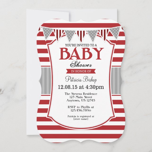 Red Grey Stripes Baby Shower Invitation (Front)