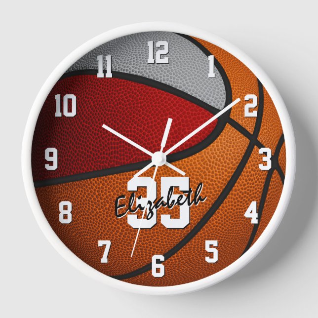 red grey team colours basketball personalised clock (Front)
