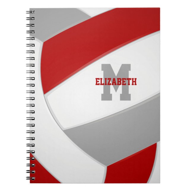 red grey team colours girls boys volleyball notebook (Front)