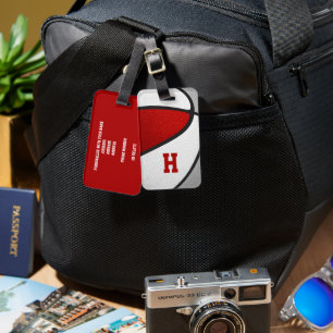 red grey team colours monogrammed basketball luggage tag