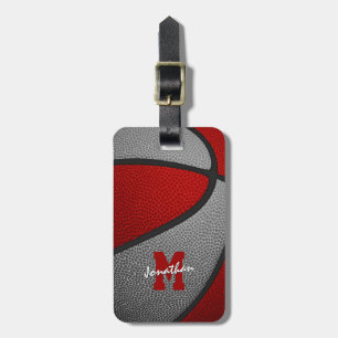 red grey team colours monogrammed basketball luggage tag