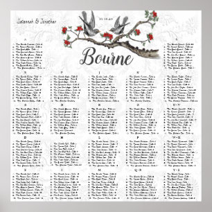 Red & Grey Vintage Birds Reception Seating Chart