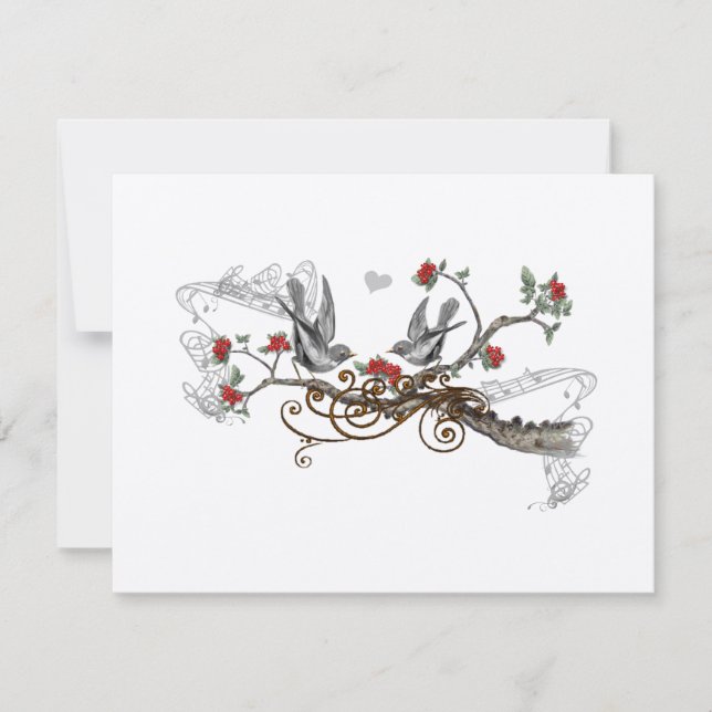 Red & Grey Vintage Love Birds Wedding RSVP (Front)
