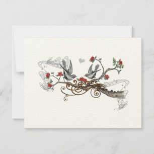 Red & Grey Vintage Love Birds Wedding RSVP