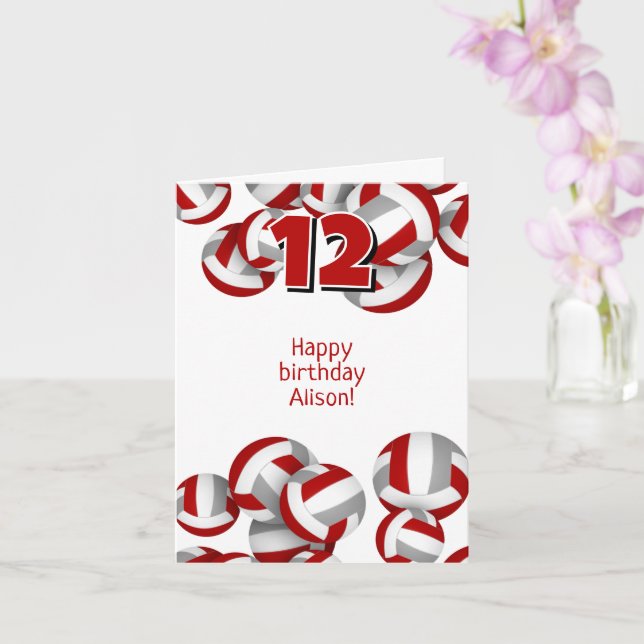 red grey volleyballs kids sports happy birthday card (Orchid)