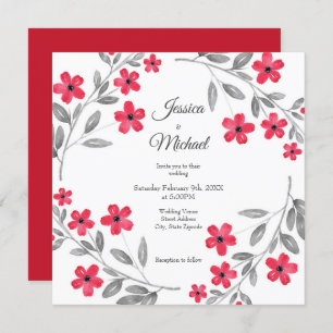 Red Grey Watercolor Floral Wreath Invitation