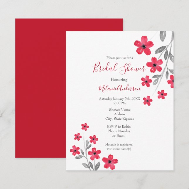 Red Grey Watercolor Flowers Invitation (Front/Back)