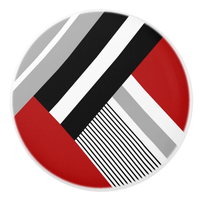 Red, grey, white and black geometric shapes ceramic knob (Front)