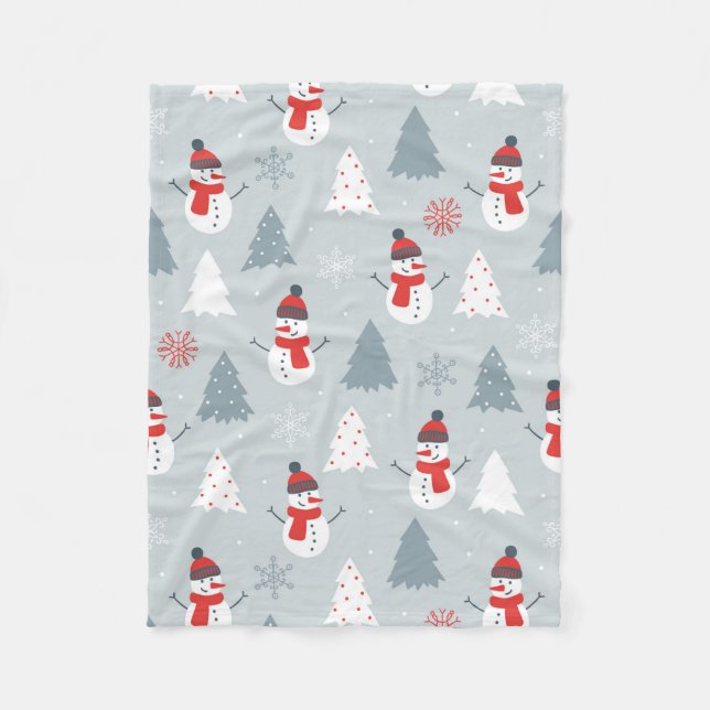 Red Grey & White Christmas Snowman Pattern Fleece Blanket (Front)